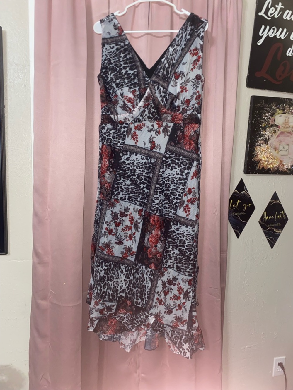 Patchwork Print V-Neck Maxi Dress in Black & Red Floral
